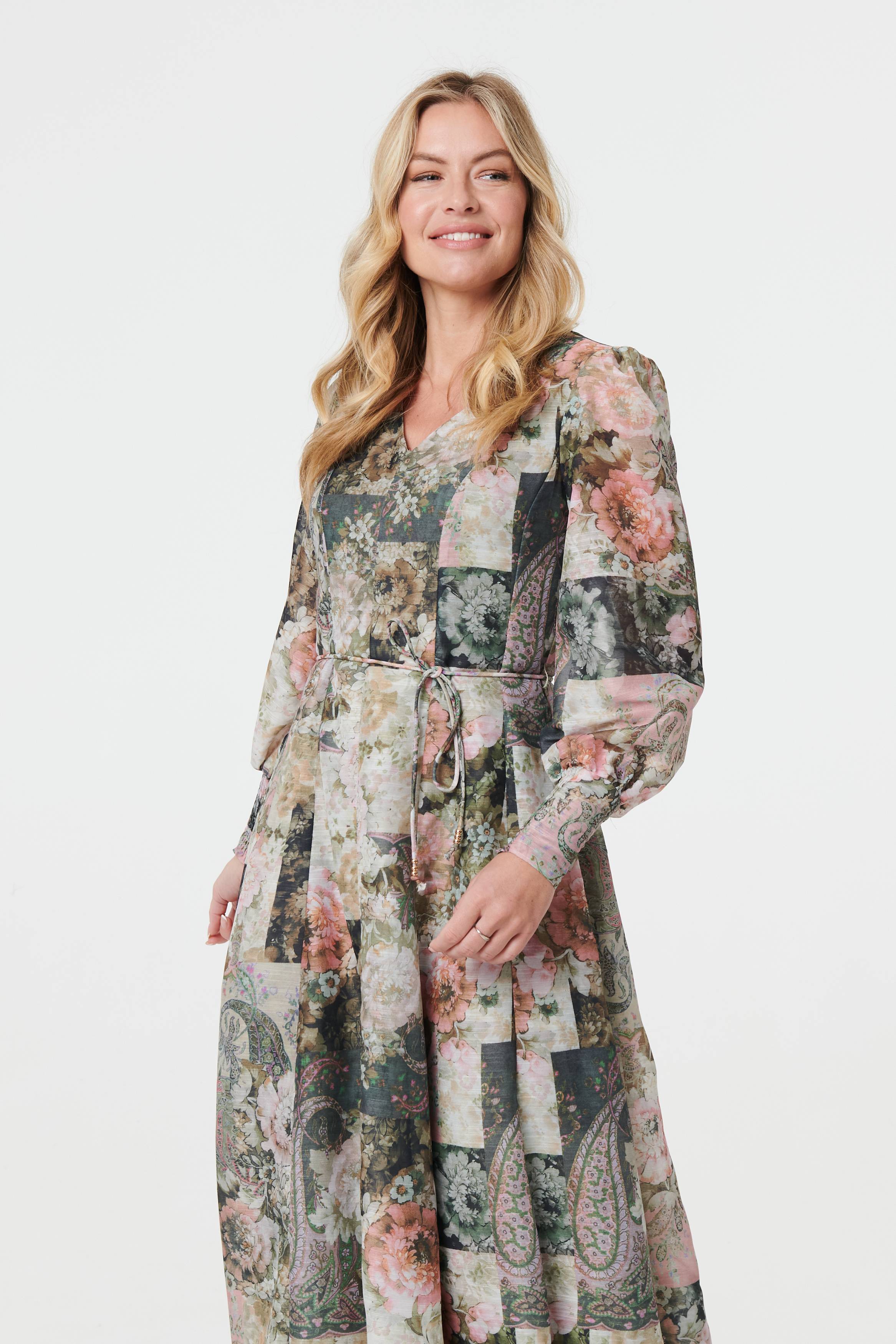 Patchwork Print Tie Waist Midi Dress Back View