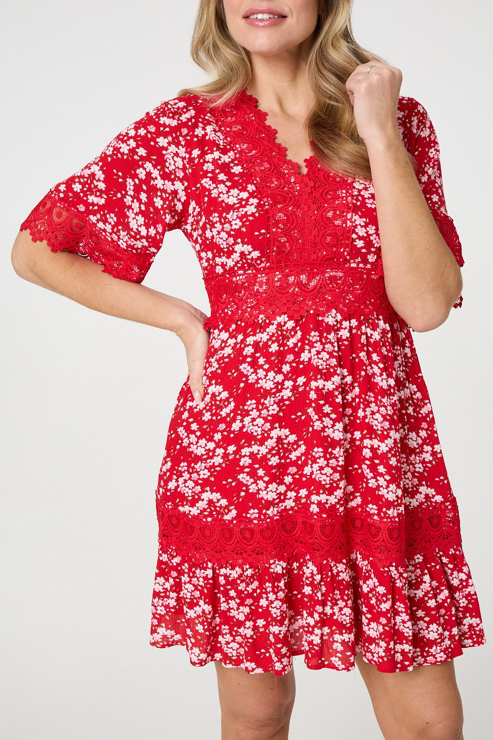 Floral Lace Trim 1/2 Sleeve Mini Dress Full Length View