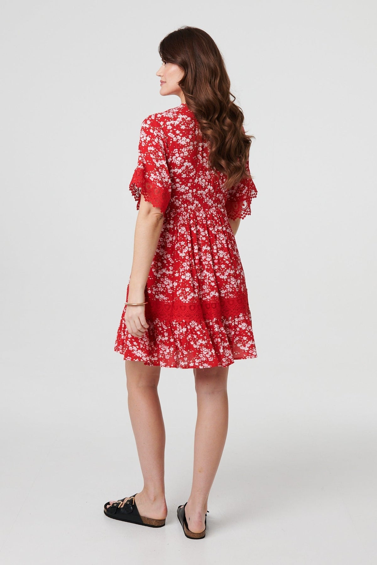Floral Lace Trim 1/2 Sleeve Mini Dress Front View 2