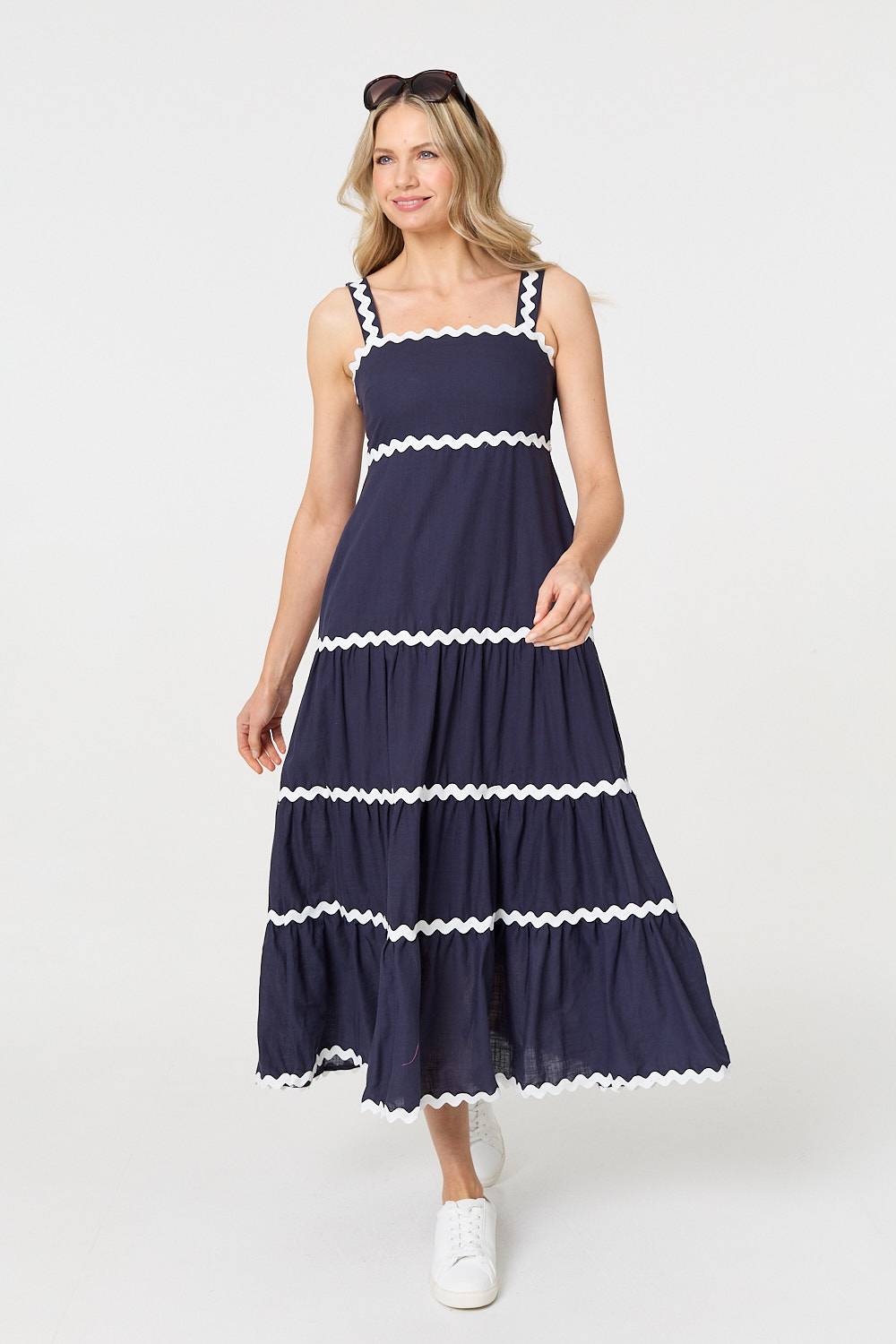 Zig Zag Trim Sleeveless Tiered Midi Dress Front View 2