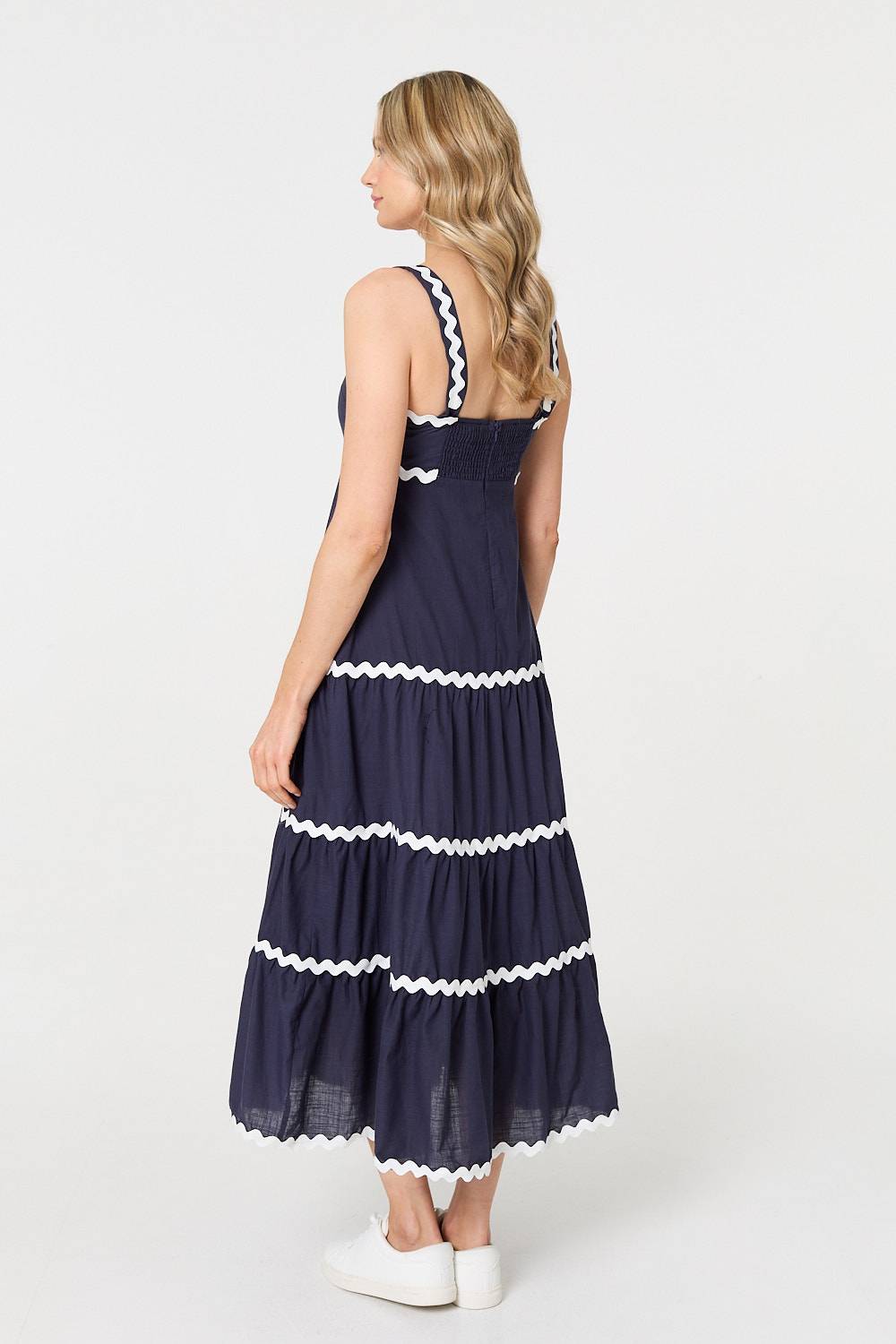 Zig Zag Trim Sleeveless Tiered Midi Dress Side View