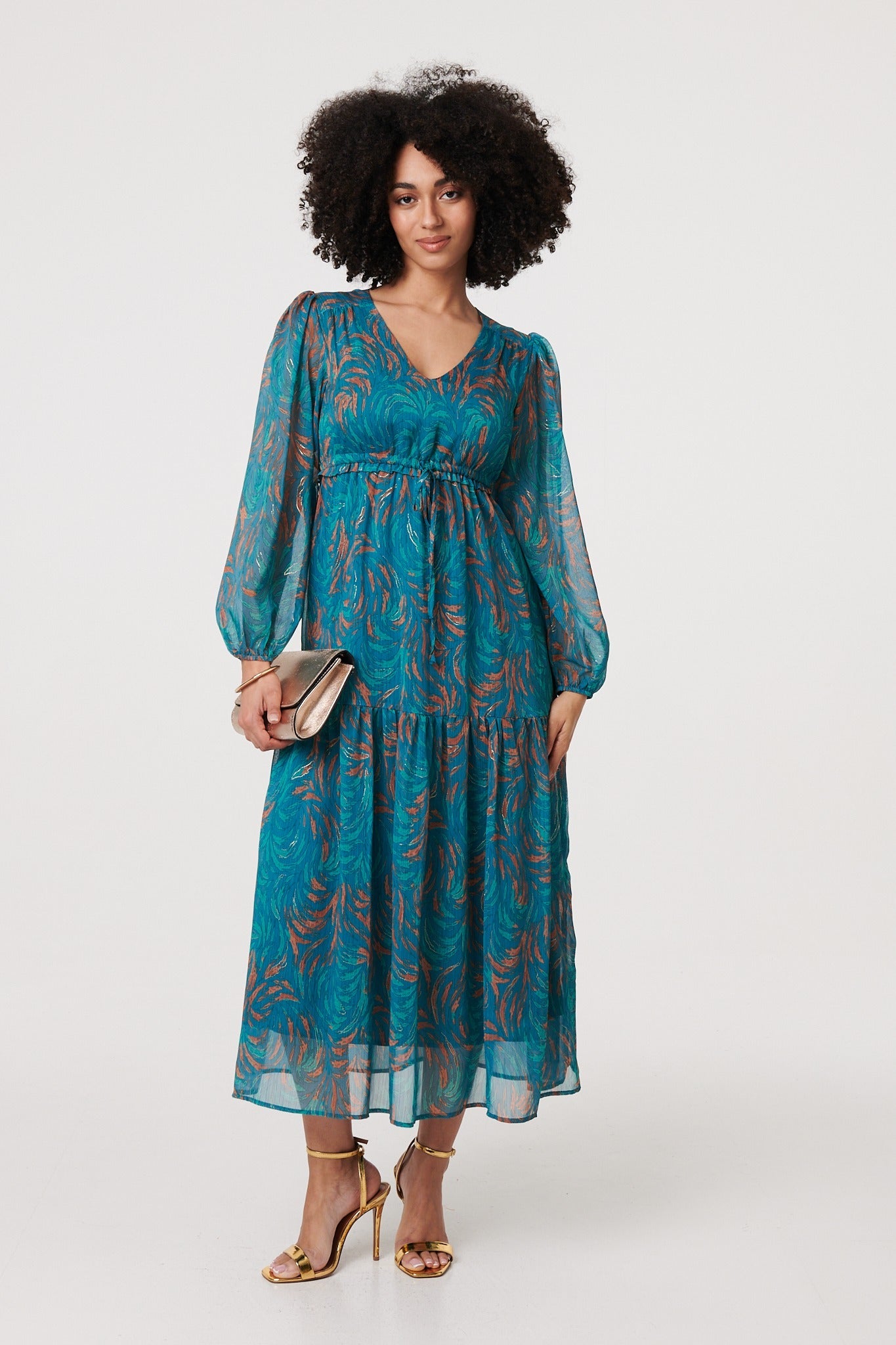 Leaf Print Sheer Tie Waist Maxi Dress Front View
