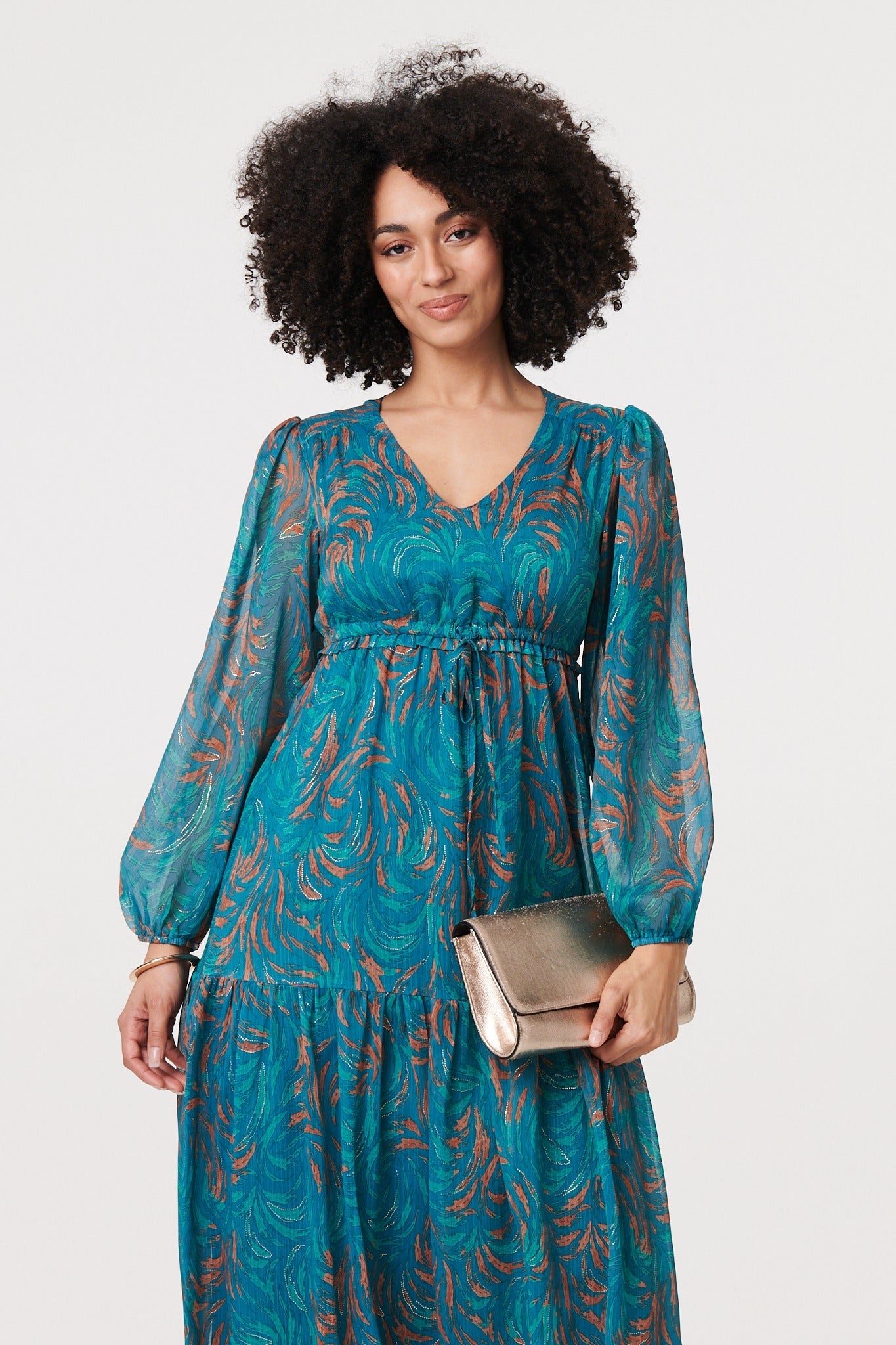 Leaf Print Sheer Tie Waist Maxi Dress Back View