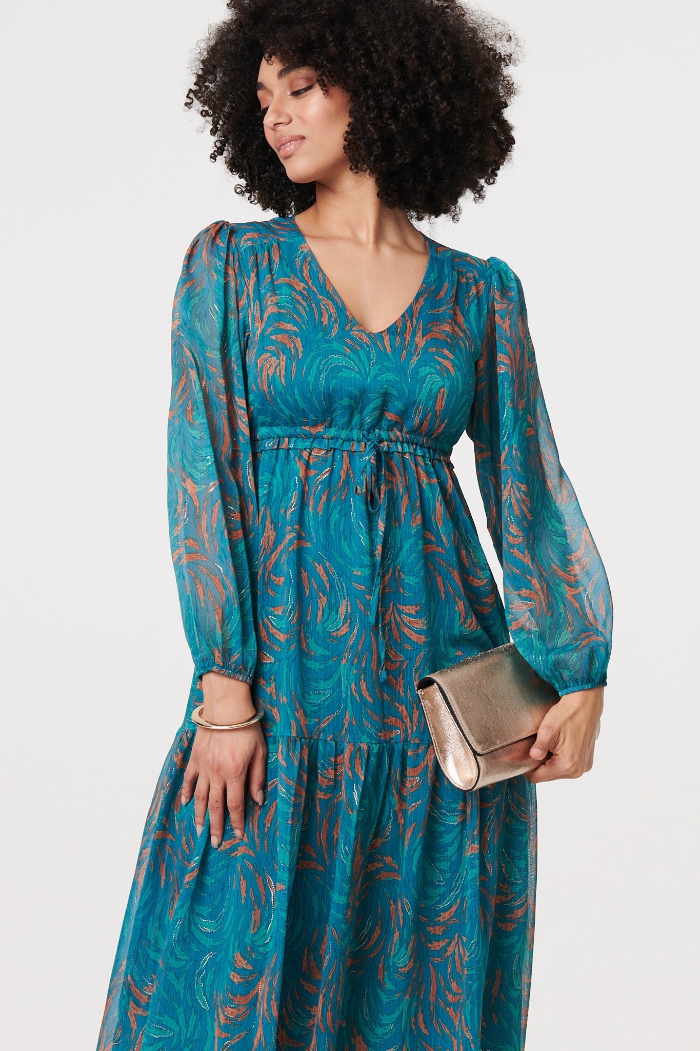 Leaf Print Sheer Tie Waist Maxi Dress Styled View