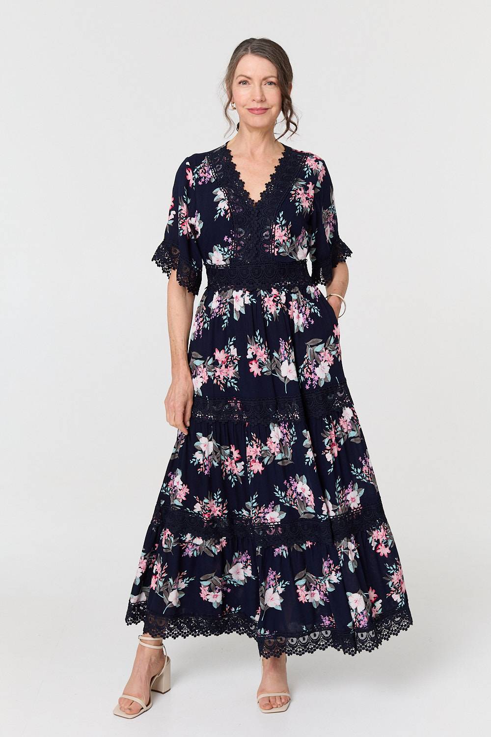 Floral Lace Tiered 3/4 Sleeve Maxi Dress Front View