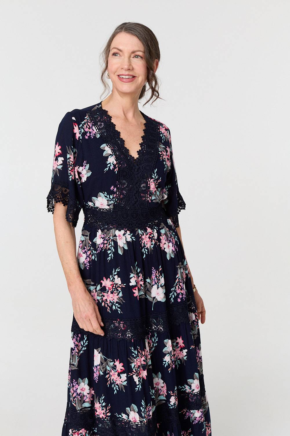 Floral Lace Tiered 3/4 Sleeve Maxi Dress Back View