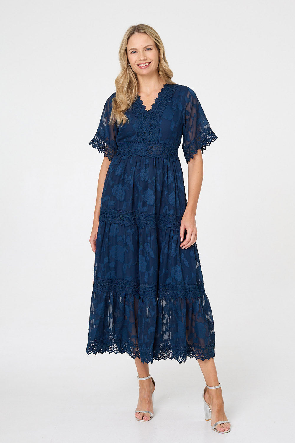 Floral Lace Frill 1/2 Sleeve Midi Dress Front View 3