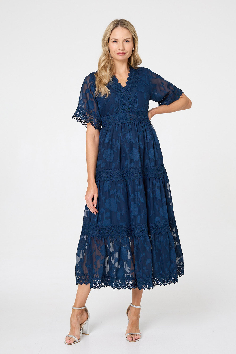 Floral Lace Frill 1/2 Sleeve Midi Dress Front View 2