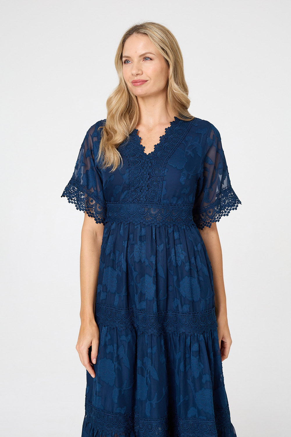 Floral Lace Frill 1/2 Sleeve Midi Dress Back View 2