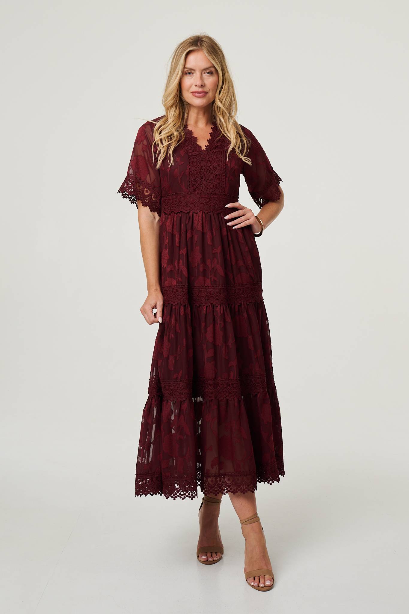 Floral Lace Frill 1/2 Sleeve Midi Dress Front View