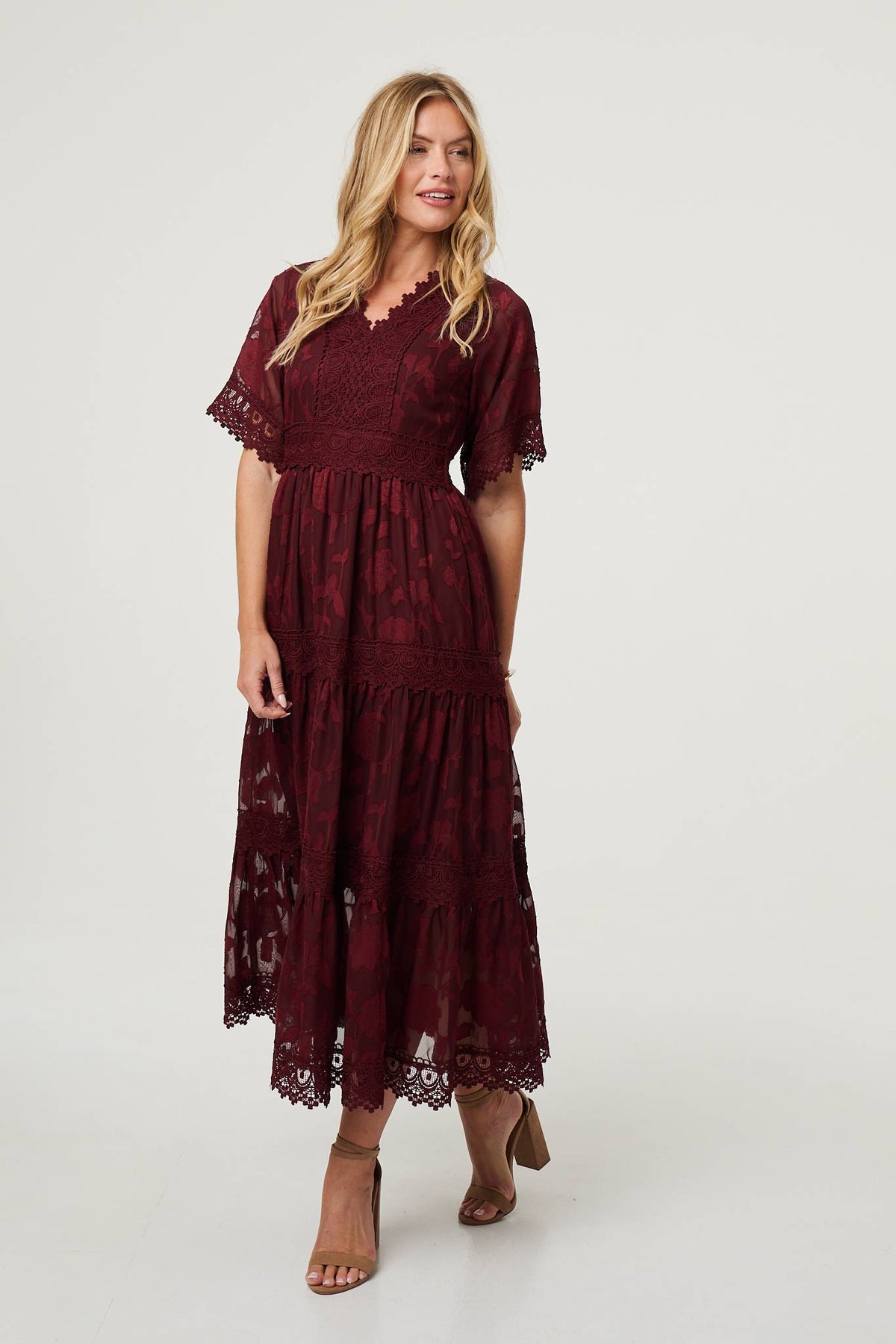 Floral Lace Frill 1/2 Sleeve Midi Dress Styled View