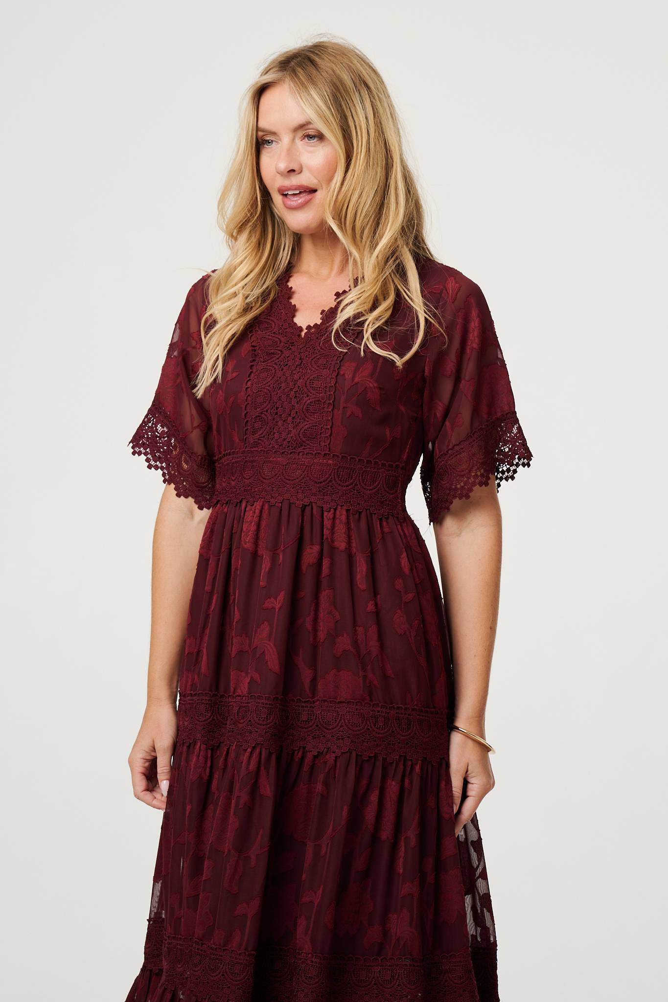 Floral Lace Frill 1/2 Sleeve Midi Dress Back View
