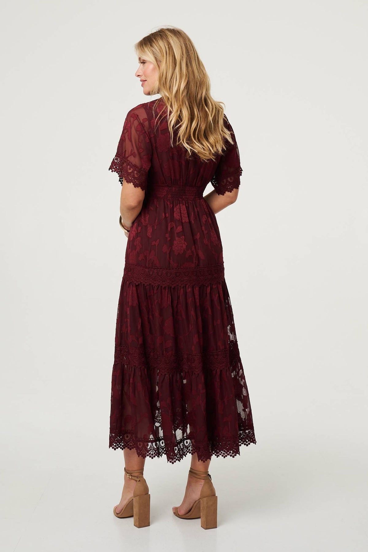 Floral Lace Frill 1/2 Sleeve Midi Dress Side View