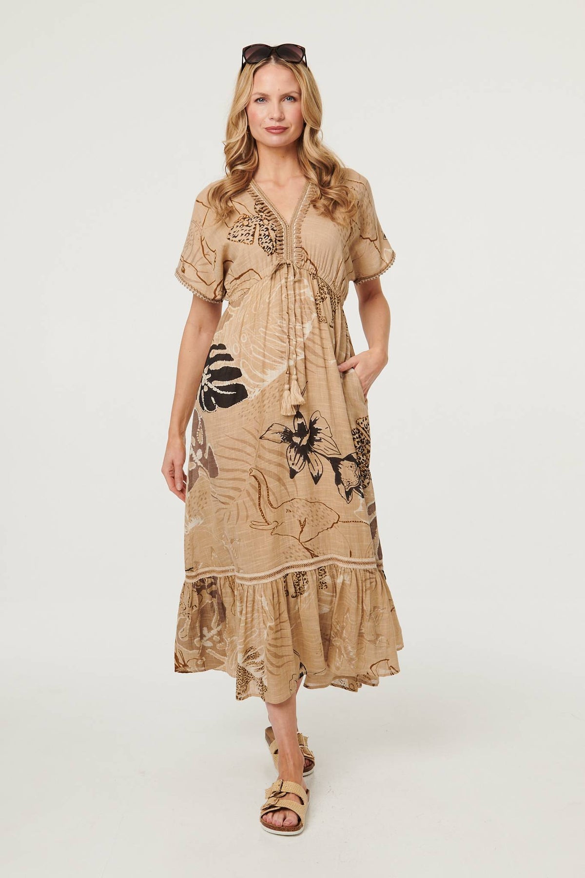 Printed Short Sleeve Empire Maxi Dress Detail View