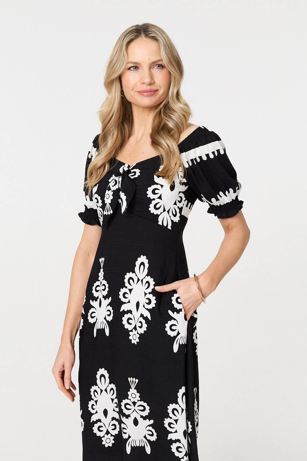 Printed Puff Sleeve Tie Front Midi Dress Styled View 2