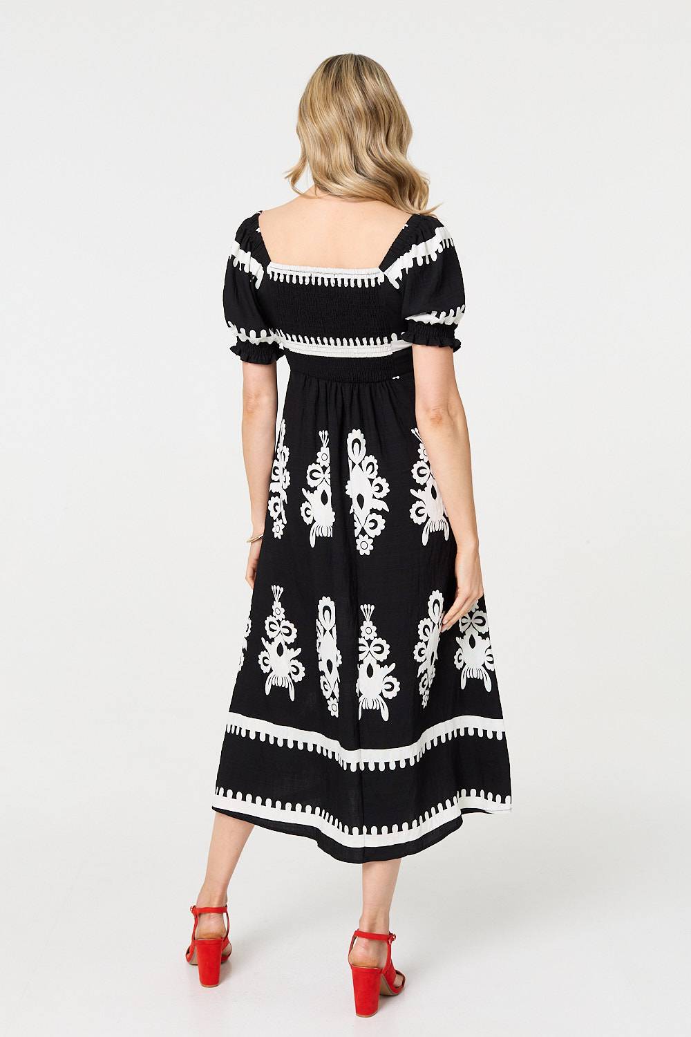 Printed Puff Sleeve Tie Front Midi Dress Side View
