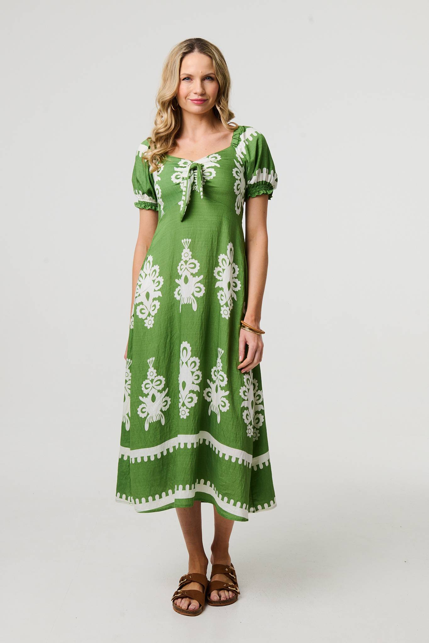 Printed Puff Sleeve Tie Front Midi Dress Full Length View