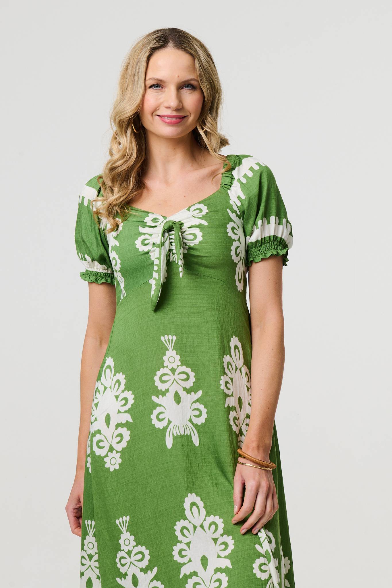 Printed Puff Sleeve Tie Front Midi Dress Front View 2