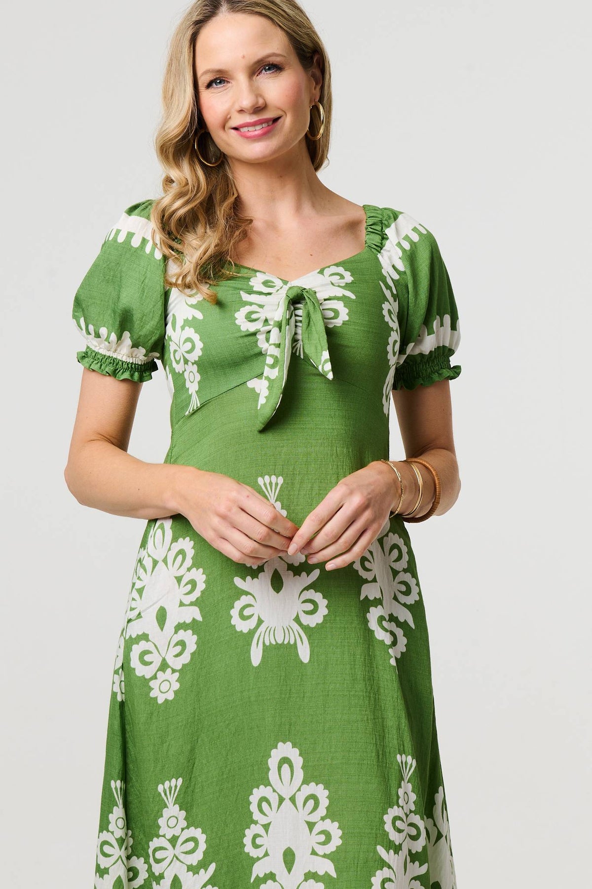 Printed Puff Sleeve Tie Front Midi Dress Side View 3