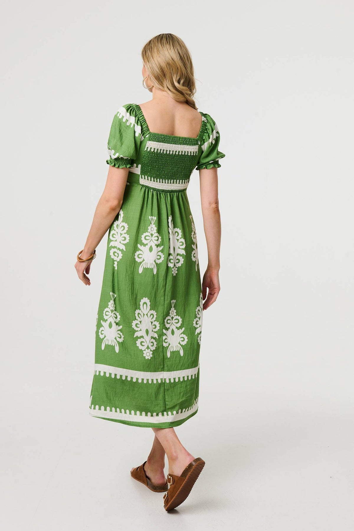 Printed Puff Sleeve Tie Front Midi Dress Back View 3