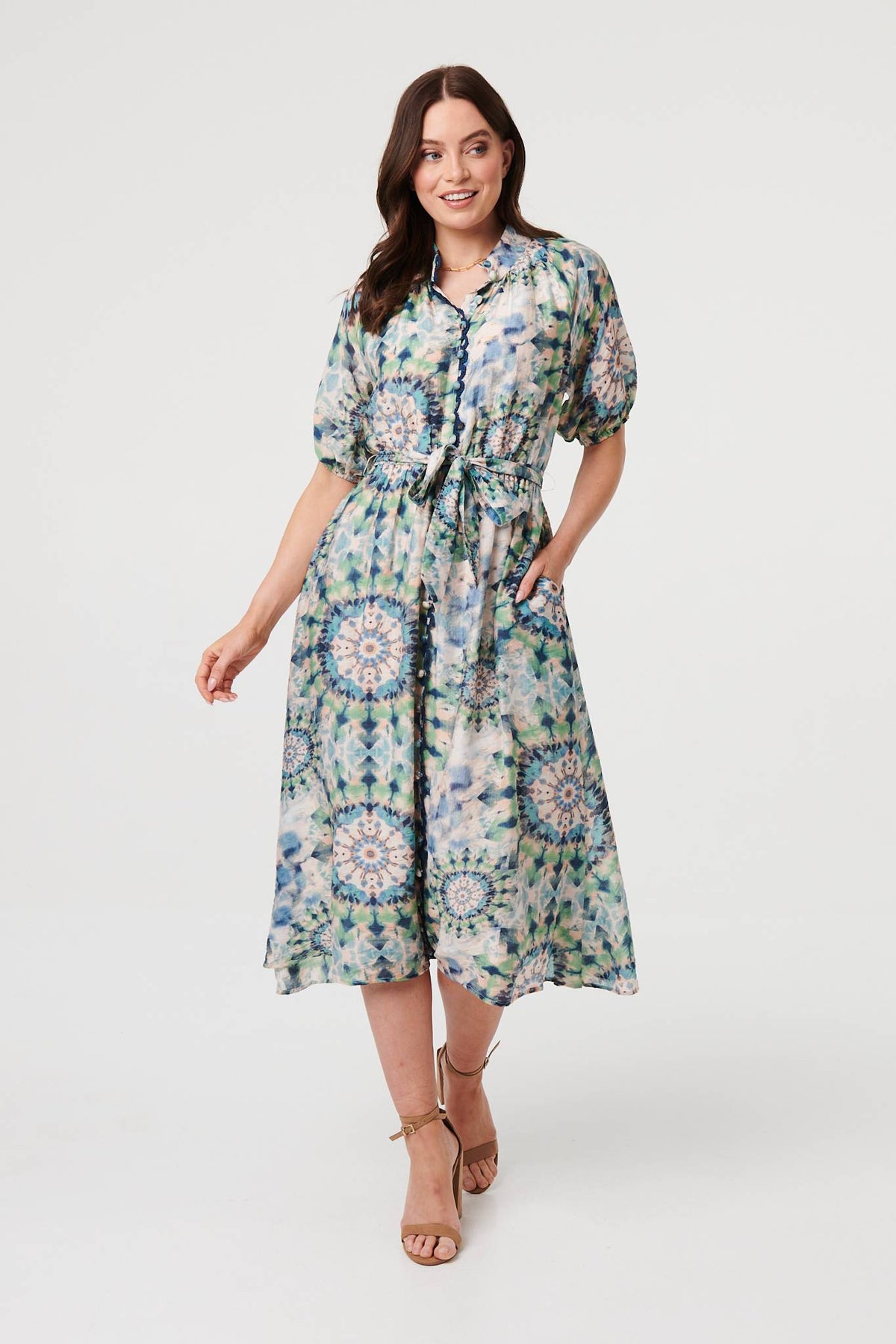 Abstract Tie Waist 1/2 Sleeve Midi Dress Front View