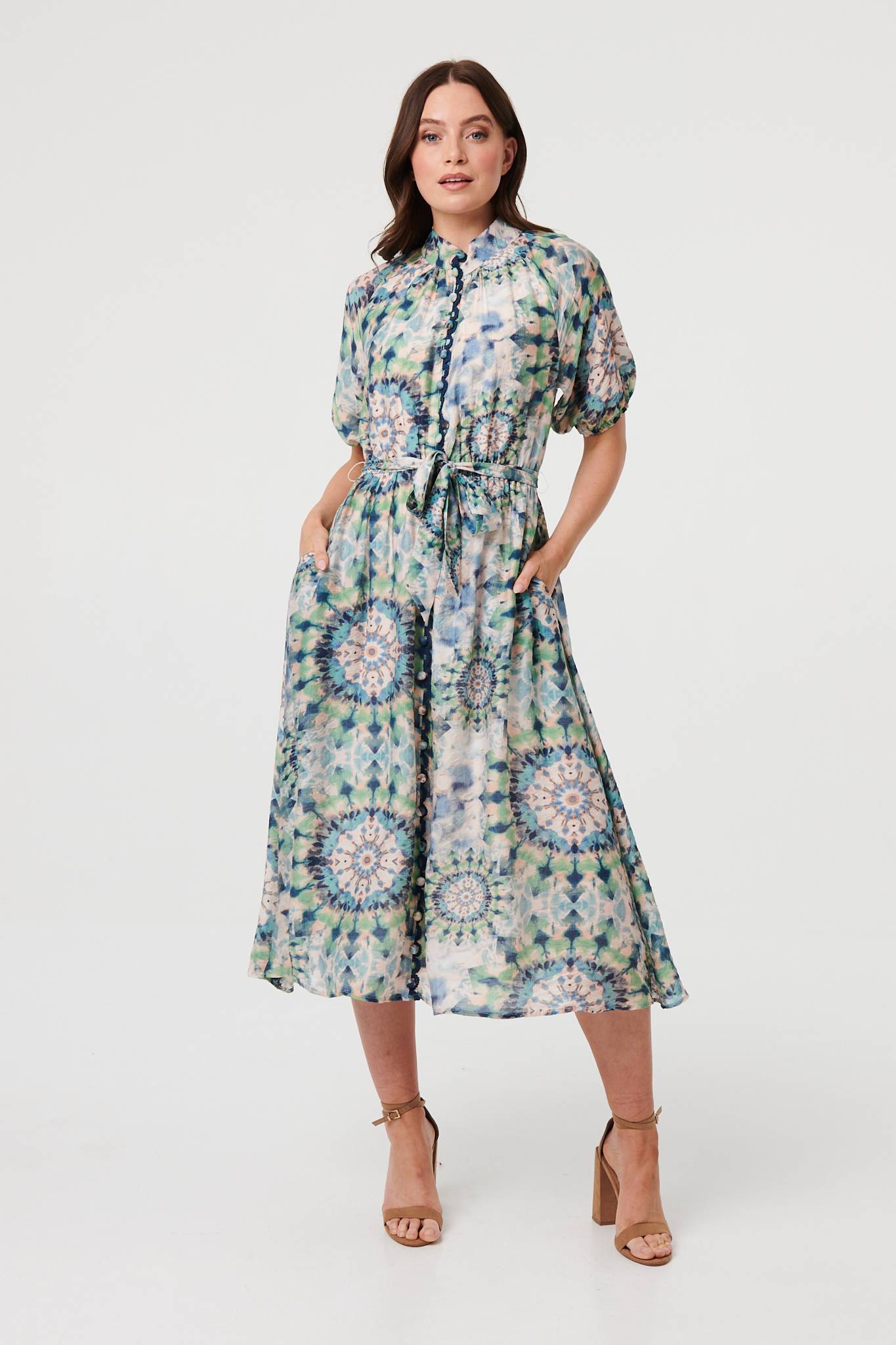Abstract Tie Waist 1/2 Sleeve Midi Dress Side View