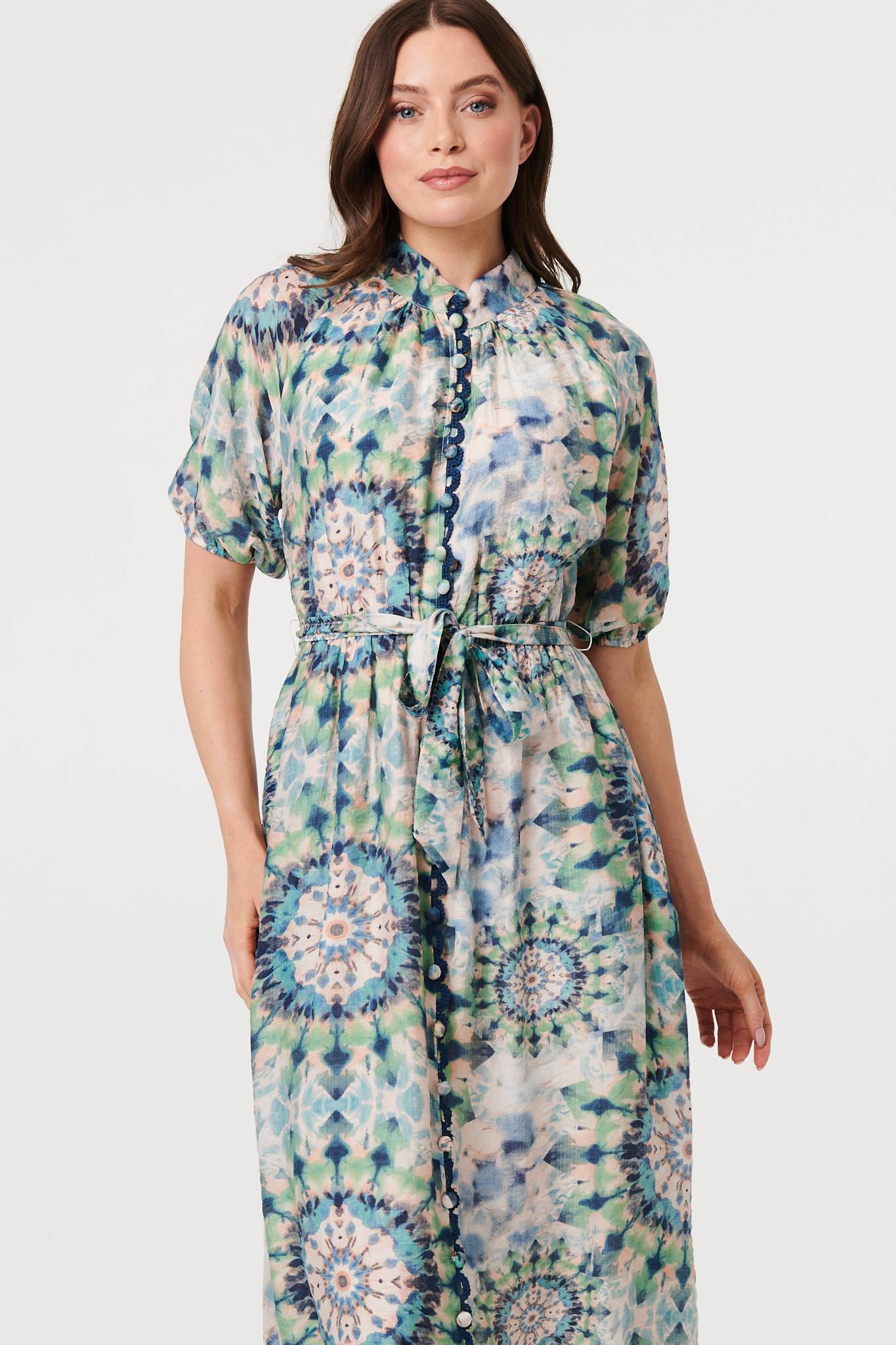 Abstract Tie Waist 1/2 Sleeve Midi Dress Styled View
