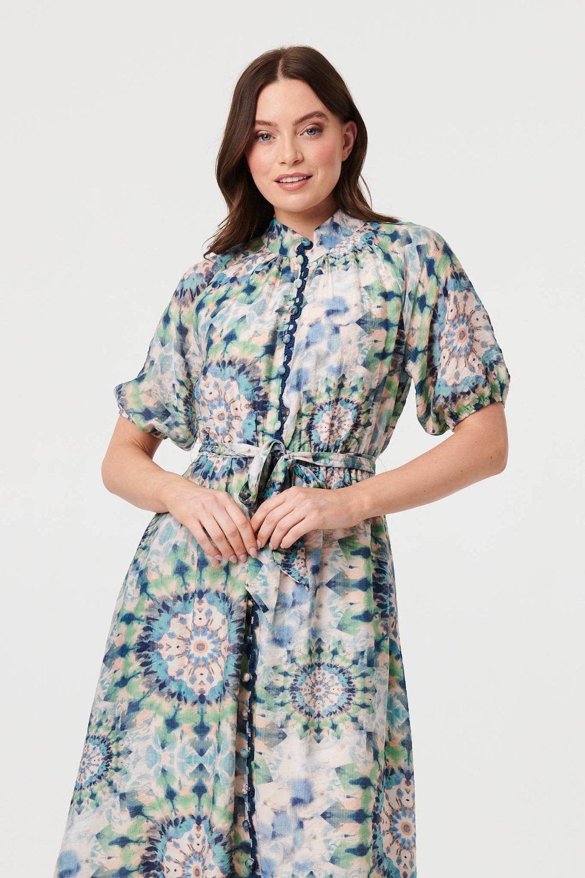 Abstract Tie Waist 1/2 Sleeve Midi Dress Back View