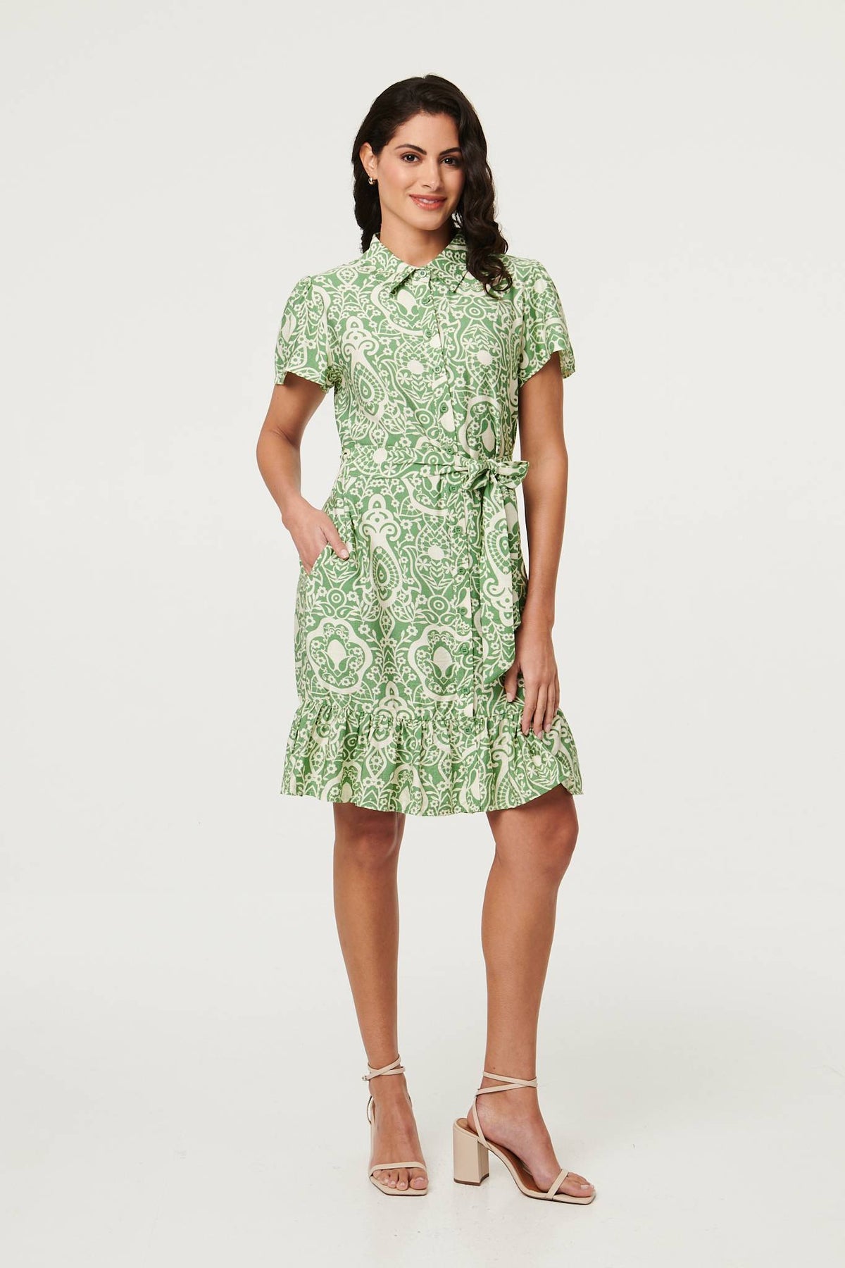 Printed Short Sleeve Tie Short Dress Front View