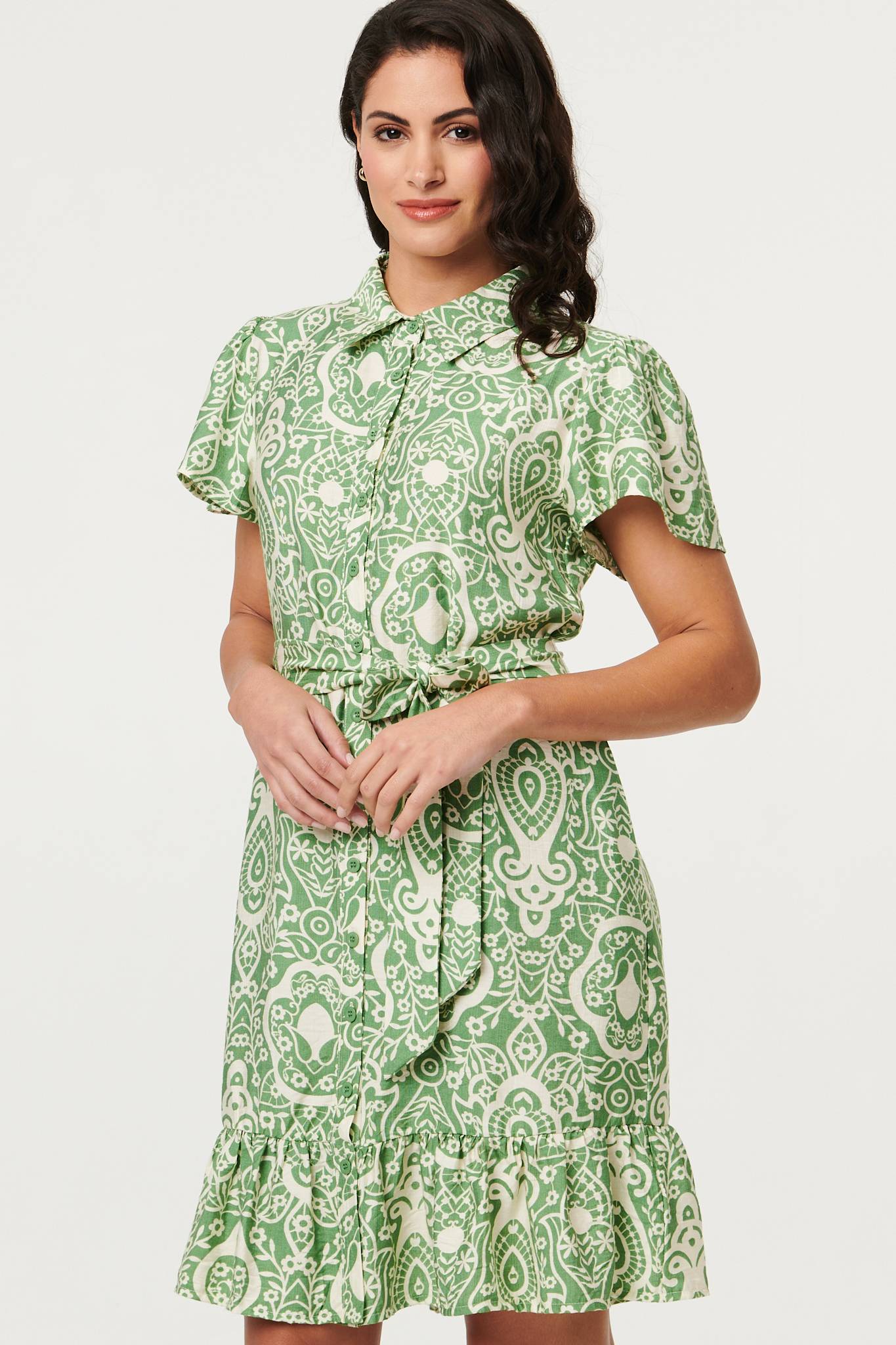 Printed Short Sleeve Tie Short Dress Full Length View
