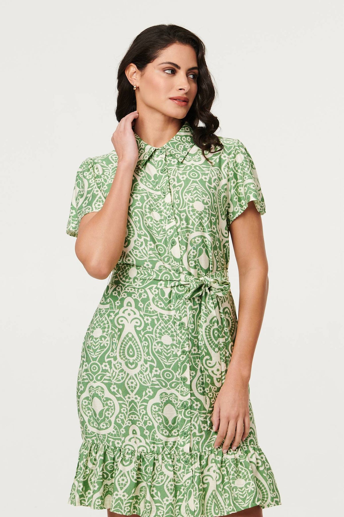 Printed Short Sleeve Tie Short Dress Back View
