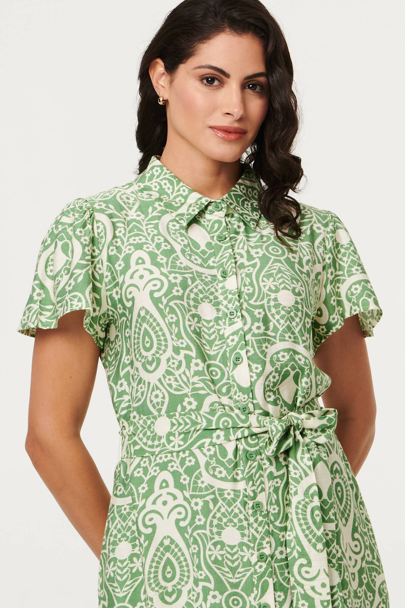 Printed Short Sleeve Tie Short Dress Styled View