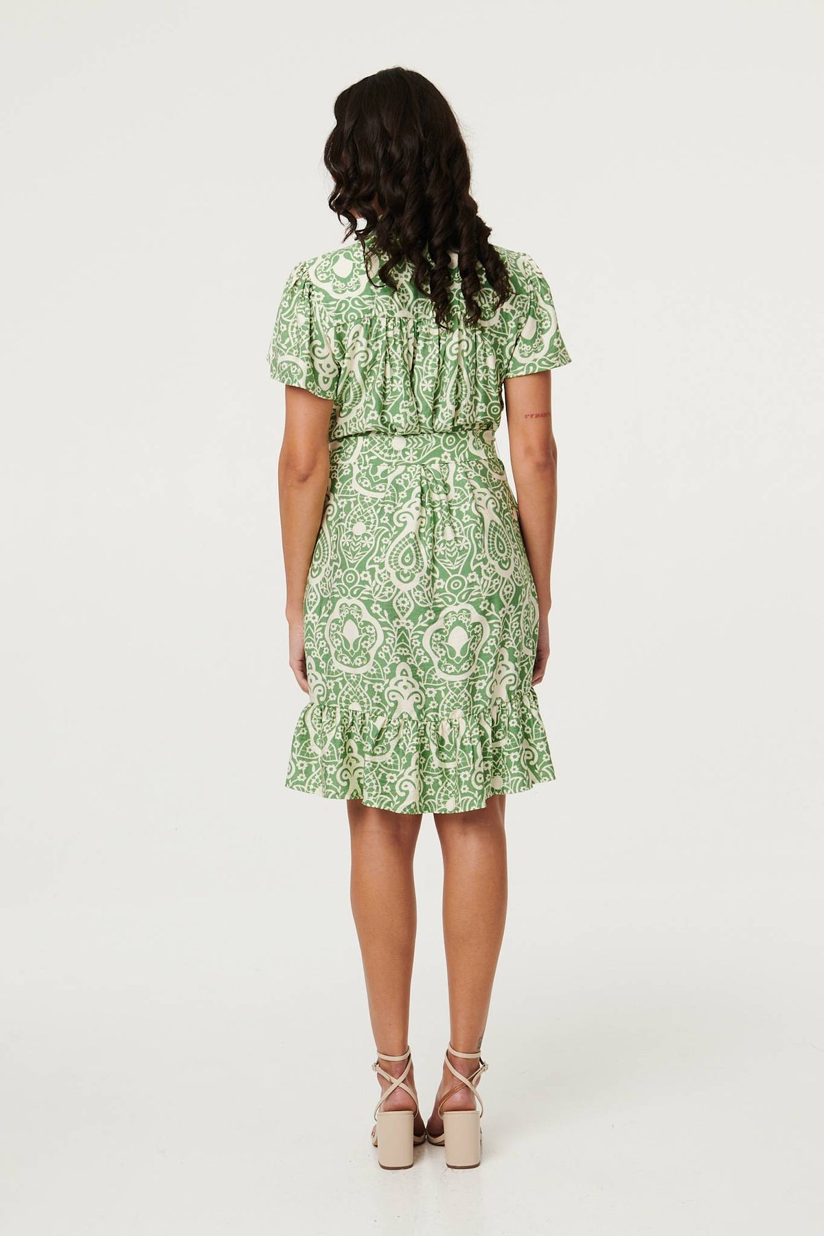 Printed Short Sleeve Tie Short Dress Side View