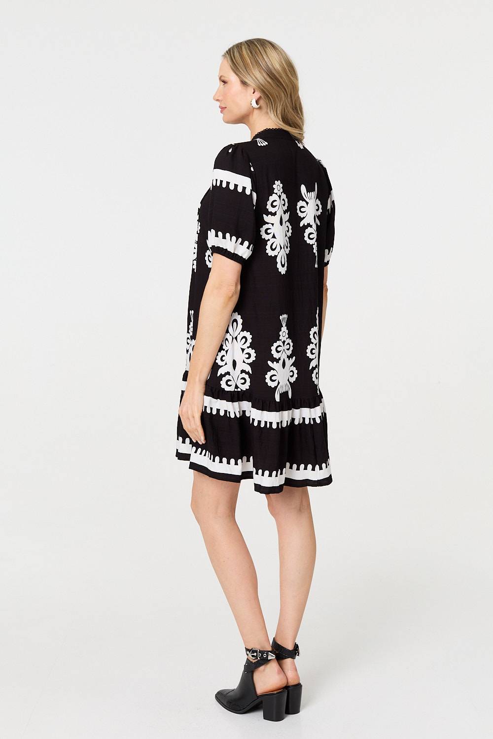 Printed Lace Trim Relaxed Short Shirt Dress Back View