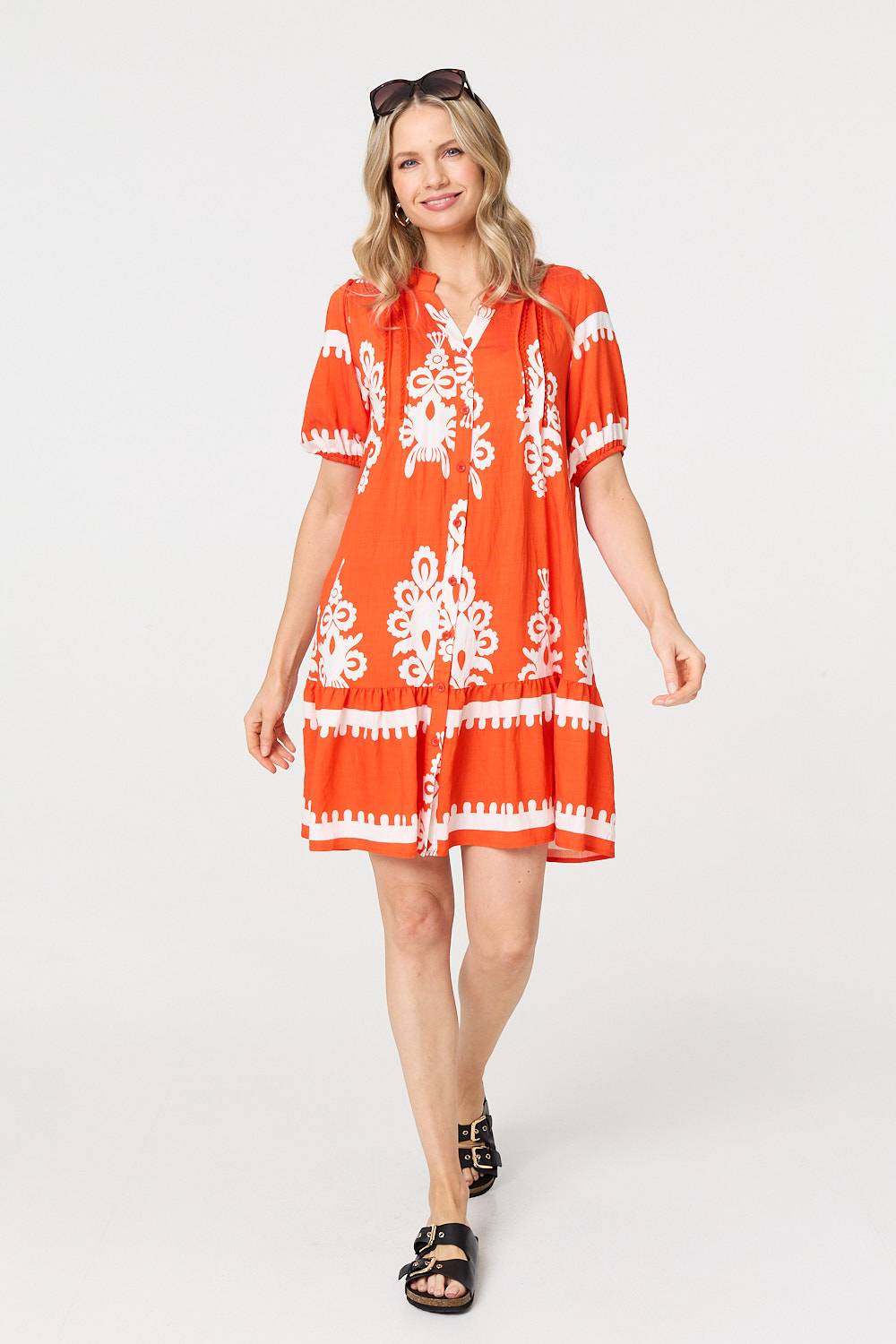 Printed Lace Trim Relaxed Short Shirt Dress Styled View 3