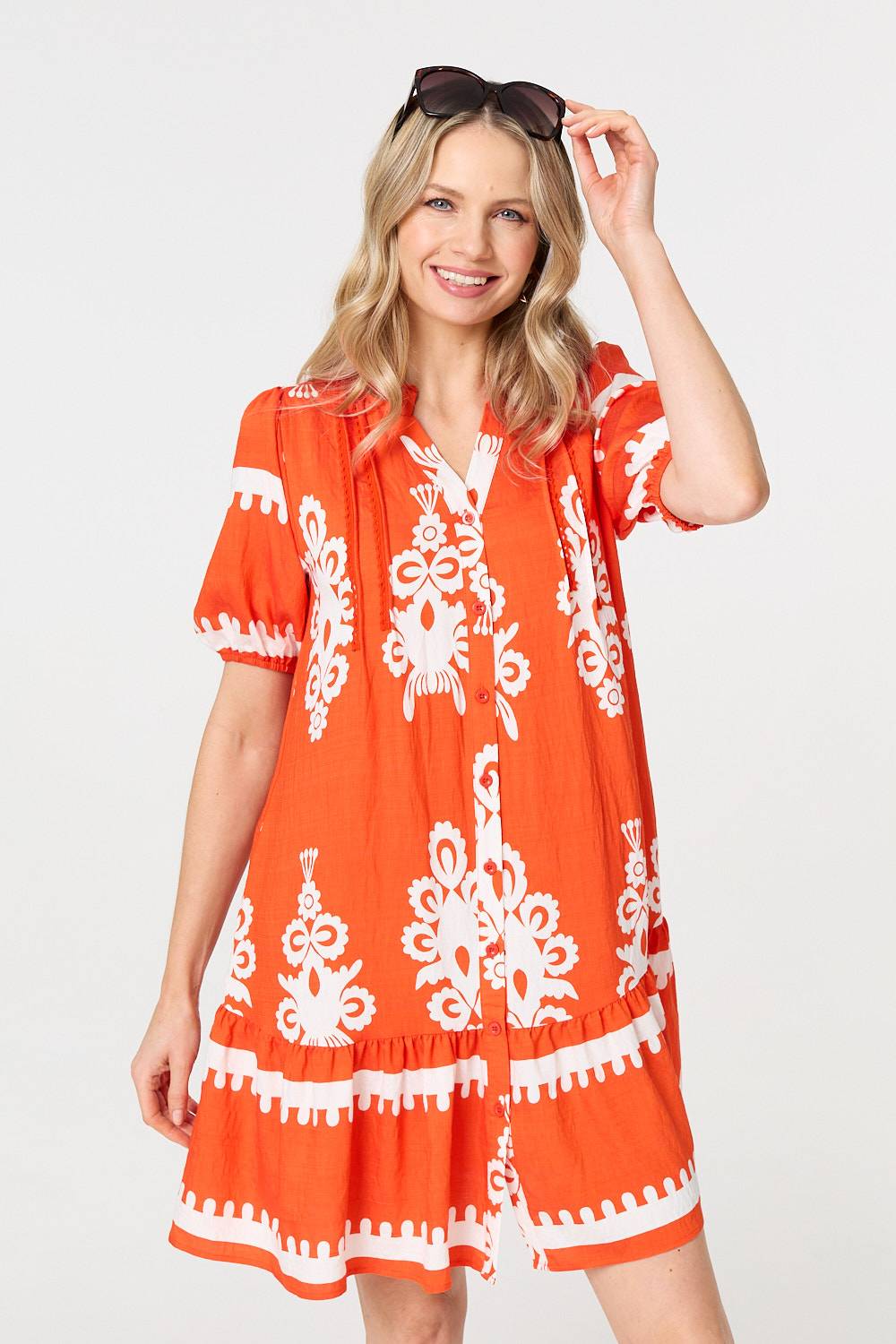 Printed Lace Trim Relaxed Short Shirt Dress Back View 2