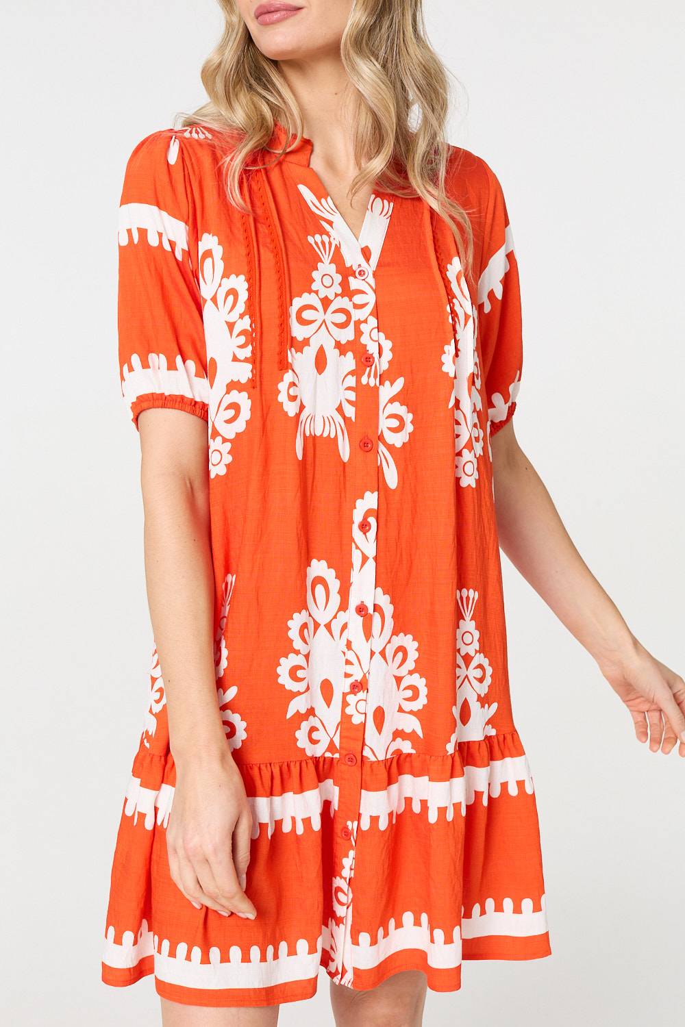 Printed Lace Trim Relaxed Short Shirt Dress Detail View 2