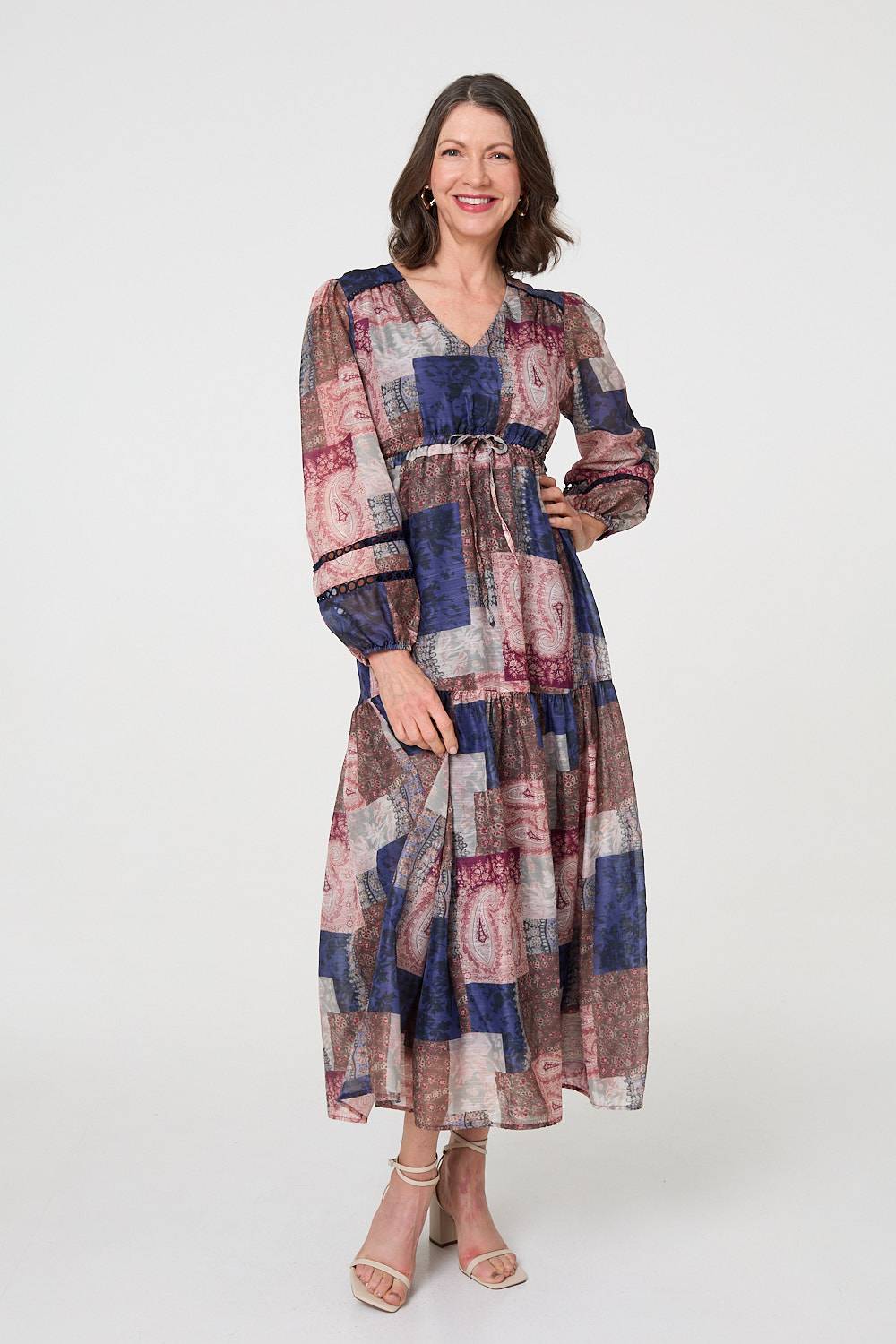 Patchwork Print Empire V-Neck Maxi Dress Front View