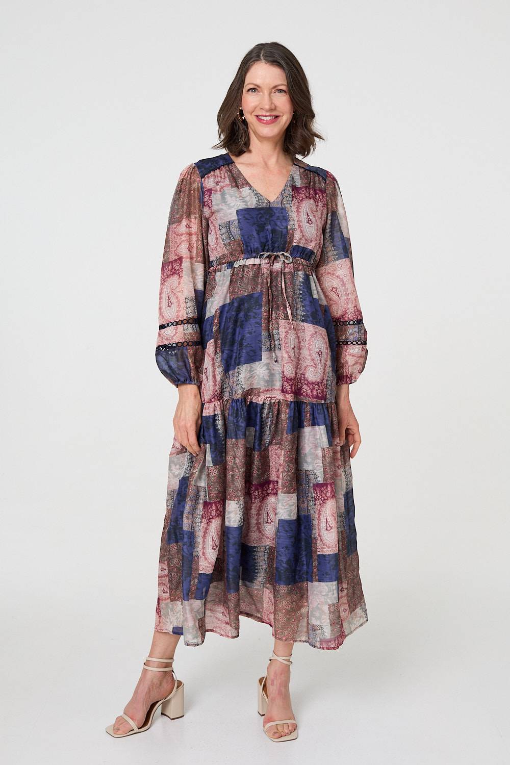 Patchwork Print Empire V-Neck Maxi Dress Full Length View