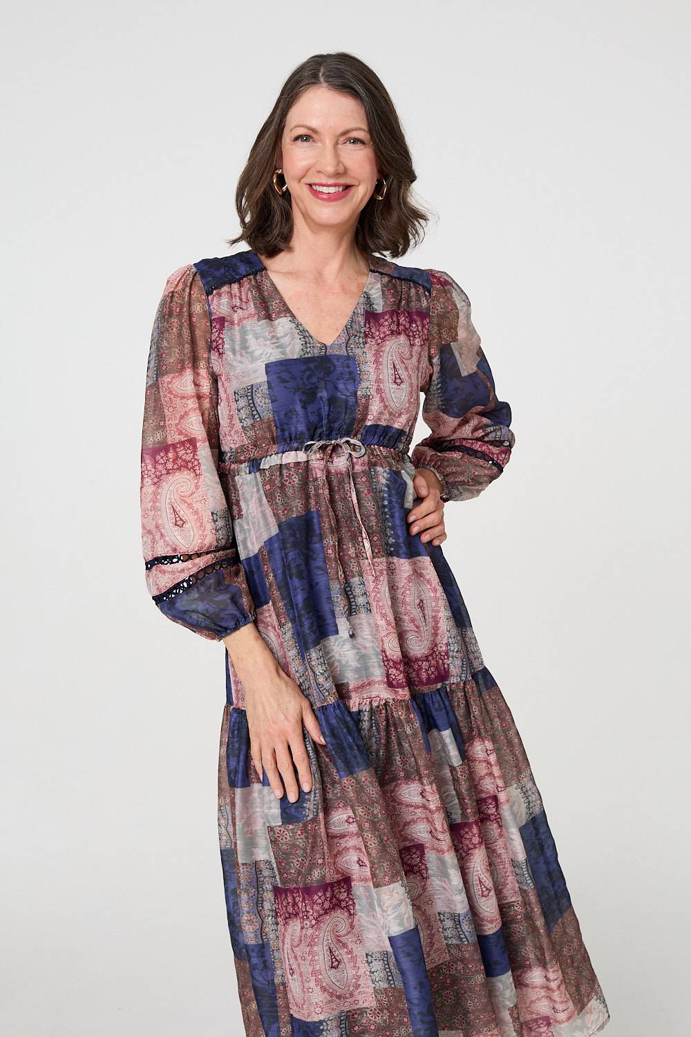 Patchwork Print Empire V-Neck Maxi Dress Back View