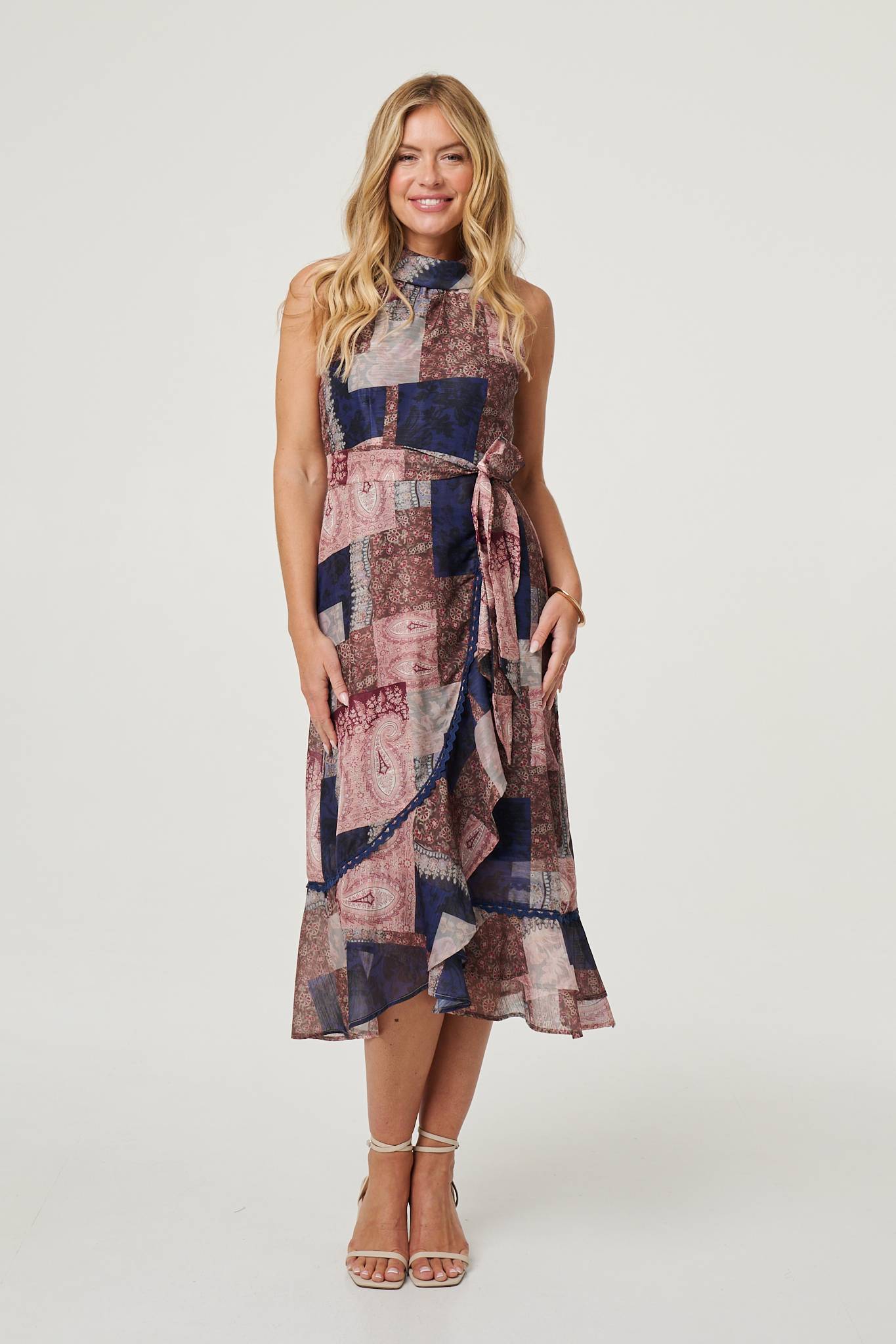 Patchwork Sleeveless Midi Wrap Dress Detail View