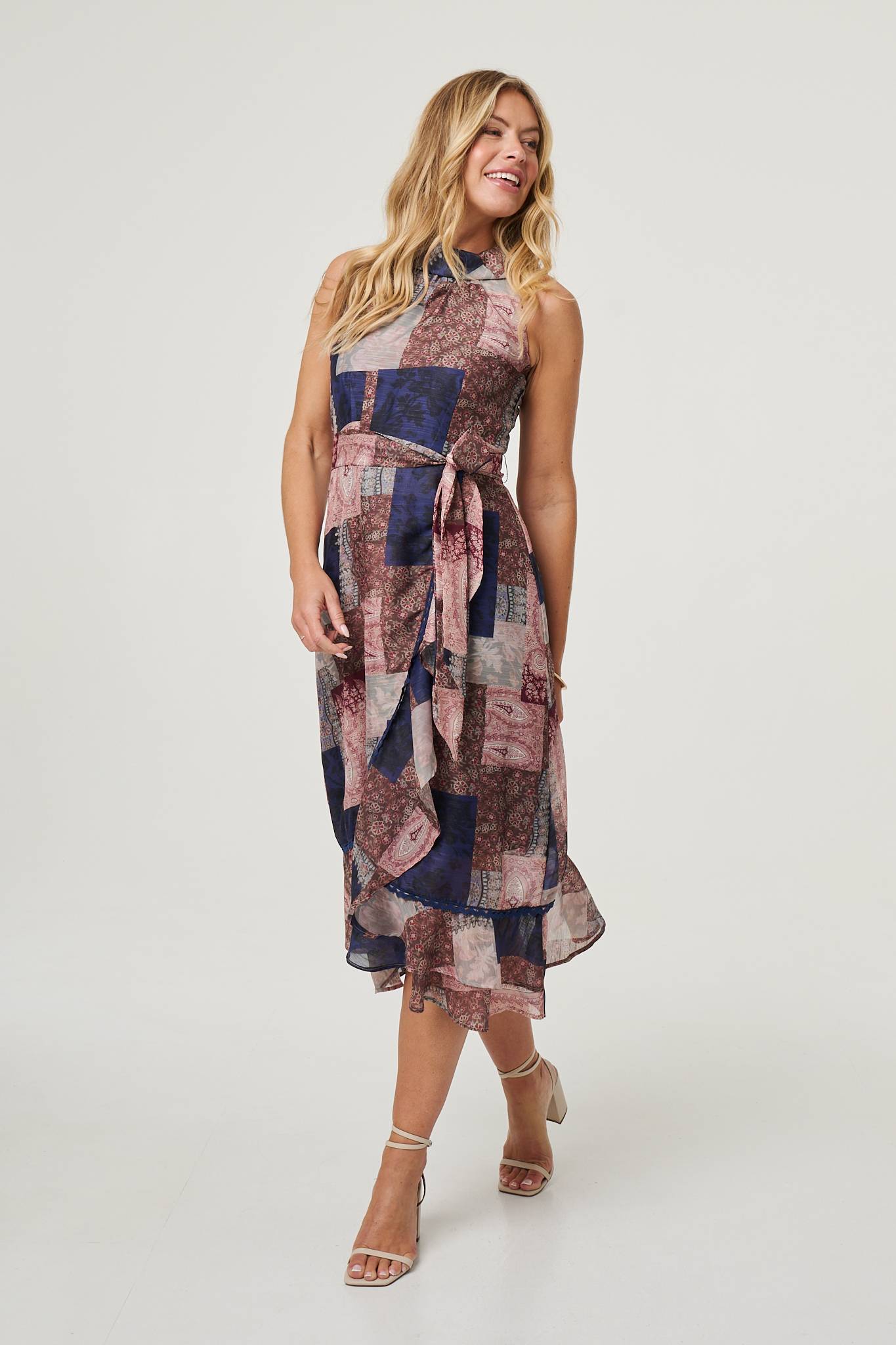 Patchwork Sleeveless Midi Wrap Dress Front View