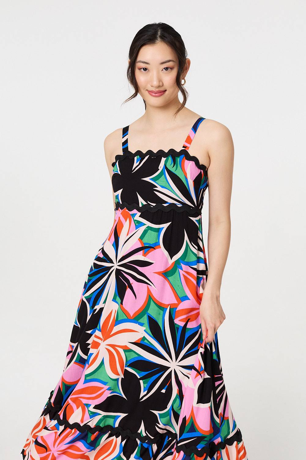 Floral Wave Trim Sleeveless Maxi Dress Front View 2