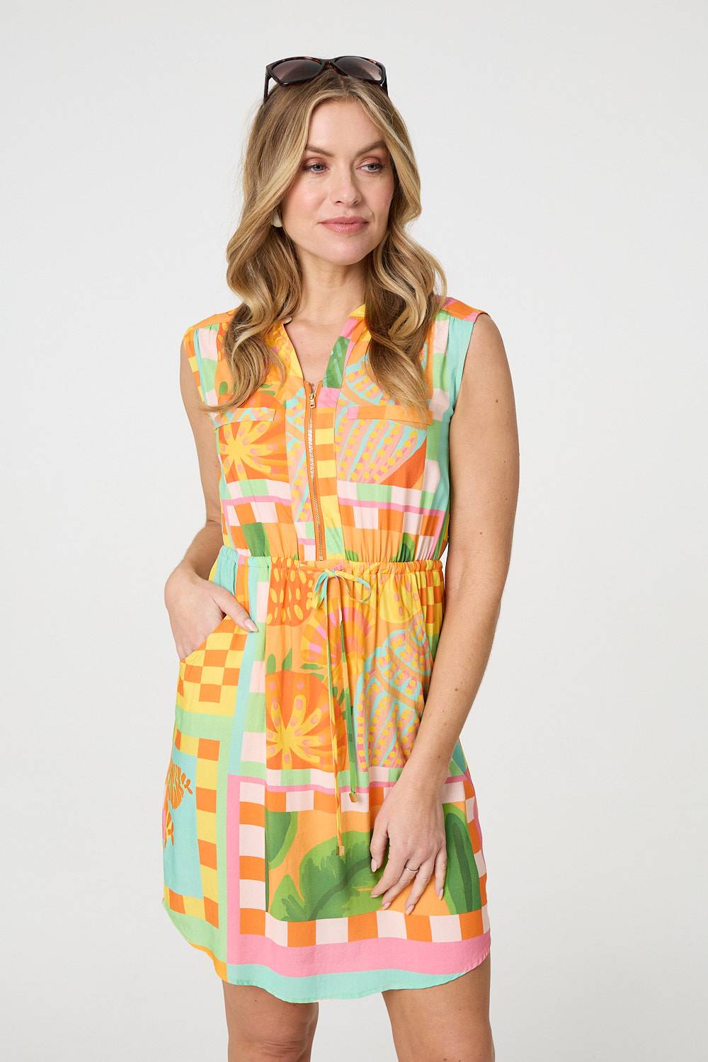 Patchwork Print Sleeveless Short Dress Front View