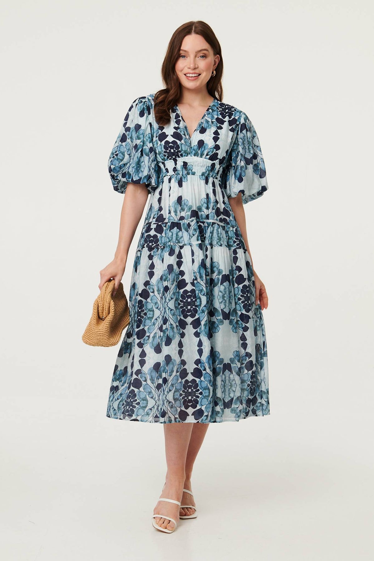 Floral 1/2 Puff Sleeve Tiered Midi Dress Detail View