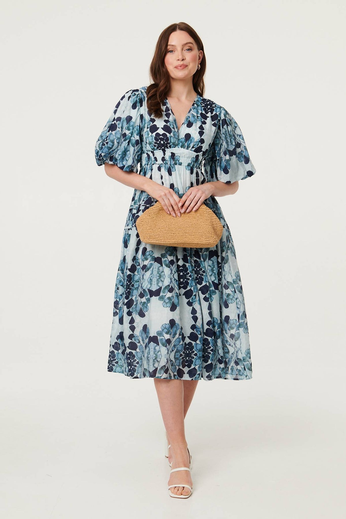Floral 1/2 Puff Sleeve Tiered Midi Dress Front View