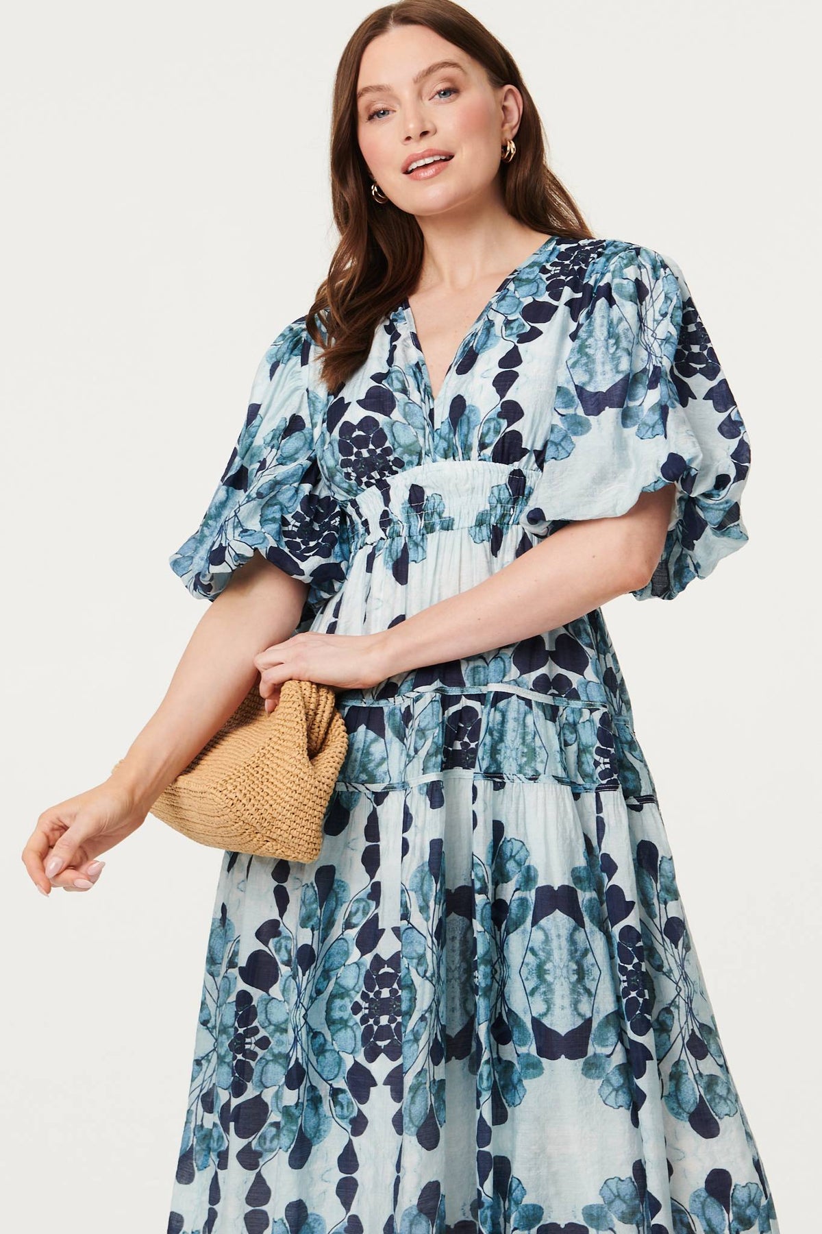 Floral 1/2 Puff Sleeve Tiered Midi Dress Full Length View