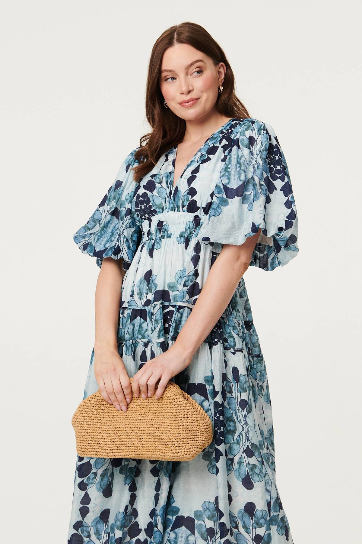 Floral 1/2 Puff Sleeve Tiered Midi Dress Back View