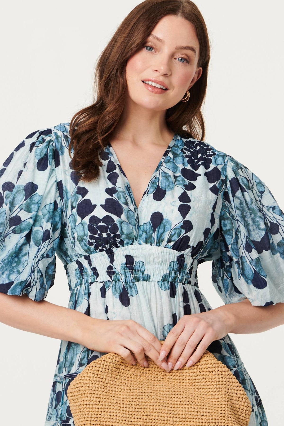 Floral 1/2 Puff Sleeve Tiered Midi Dress Styled View