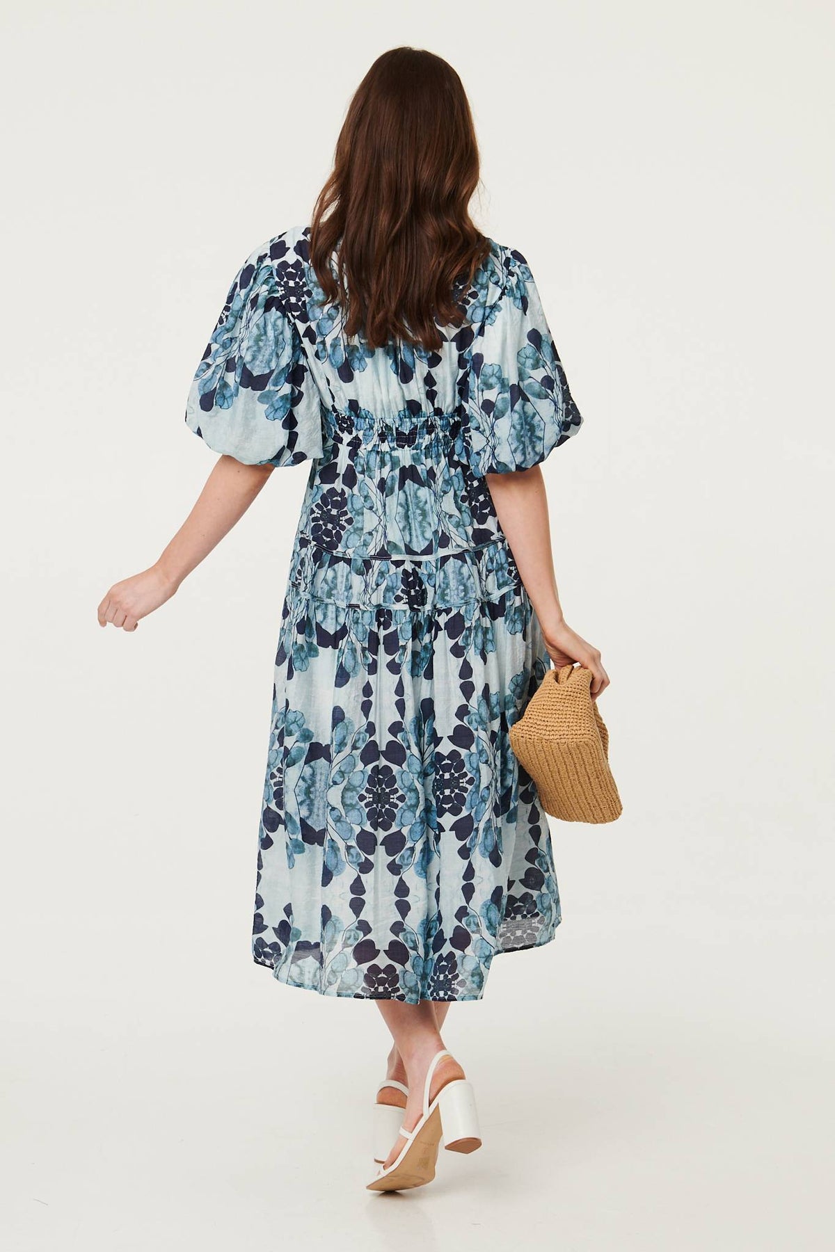 Floral 1/2 Puff Sleeve Tiered Midi Dress Side View